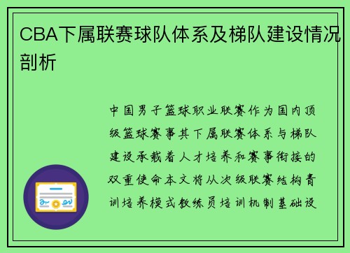 CBA下属联赛球队体系及梯队建设情况剖析