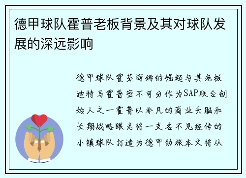 德甲球队霍普老板背景及其对球队发展的深远影响