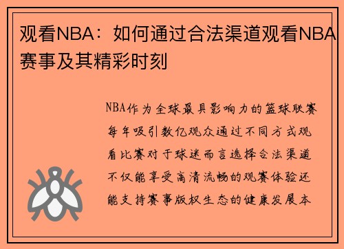 观看NBA：如何通过合法渠道观看NBA赛事及其精彩时刻
